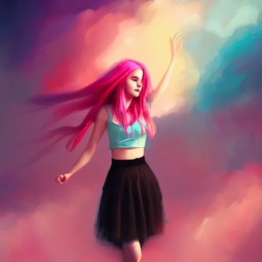 Image similar to colorful and festive captivating teenager girl with pink hair, cyan top crop, black skirt, black leggings, cute look. rich vivid colors, ambient lighting, dynamic lighting, 4 k, atmospheric lighting, painted, intricate, highly detailed by charlie bowater