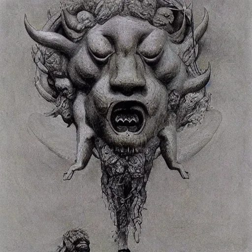 Image similar to cherub with four faces : man, lion, eagle, bull. drawn by zdzislaw beksinski