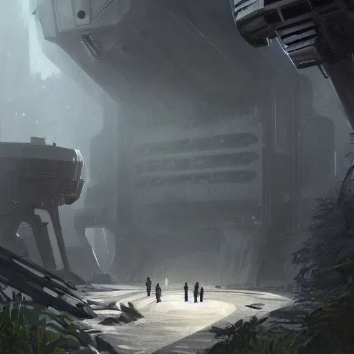 Prompt: star wars concept art by greg rutkowski, a brutalist military base of the galactic alliance in the middle of a jungle near to a lake, cinematic midday light, heroic atmosphere, artstation hq.