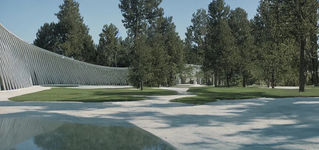 Image similar to residential property designed by santiago calatrava. beautiful landscape like in a ansel adams photo. fujinon premista 1 9 - 4 5 mm t 2. 9. portra 8 0 0.