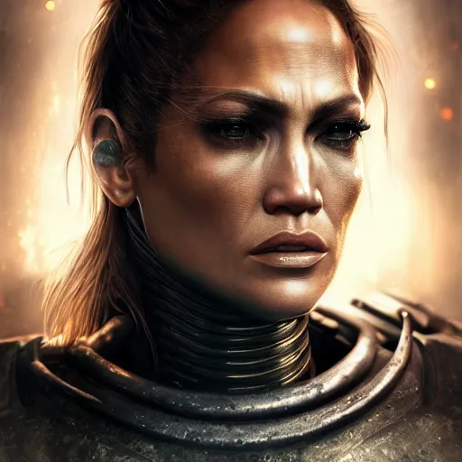 Prompt: jennifer lopez portrait, dystopia core, apocalyptic, armor, warrior, dramatic, sharp focus, fiction, neon, fantasy, hyper detailed, digital art, trending in artstation, cinematic lighting, studio quality, smooth render, unreal engine 5 rendered, octane rendered, art style and nixeu and wlop and krenz cushart