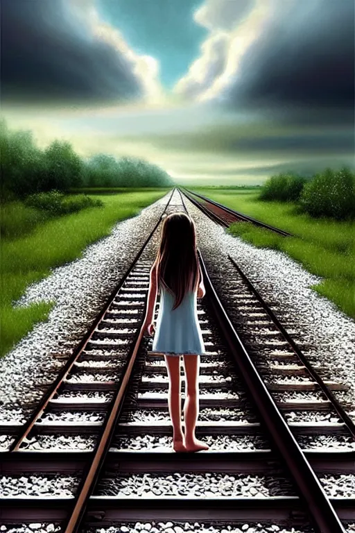 Image similar to shallow reflective water completely covers submerged invisible train tracks as a barefoot girl carries her shoes, there is a train station in the distance and large white clouds on a wide horizon, intricate, elegant, highly detailed, digital photo, artstation, concept art, smooth, sharp focus, art by artgerm and greg rutkowski and fra angelico