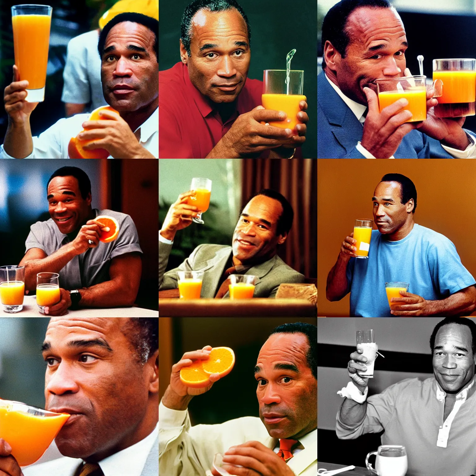 Prompt: “Photograph of OJ Simpson drinking a glass of orange juice, 4K, high quality”