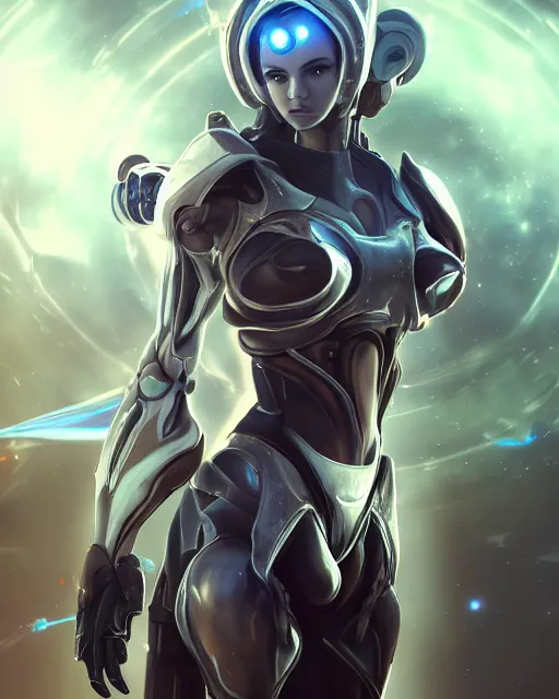 Image similar to perfect android girl on a mothership, warframe armor, beautiful face, scifi, futuristic, galaxy, nebula, raytracing, dreamy, long white hair, blue cyborg eyes, sharp focus, cinematic lighting, highly detailed, artstation, divine, by gauthier leblanc, kazuya takahashi, huifeng huang