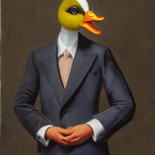 Prompt: a high detail photo of a man with a duck's head wearing a suit, antropomorphic, photorealism