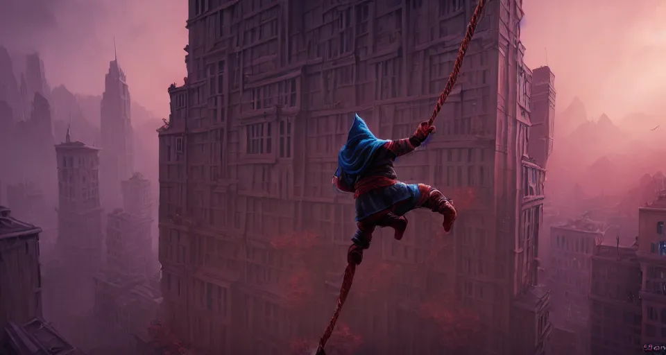 Image similar to an epic fantasy comic book style landscape painting of a hooded thief climbing a tall building with a city using a rope, unreal 5, daz, hyperrealistic, octane render, dynamic lighting