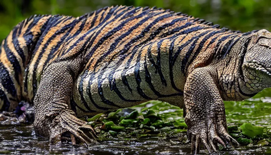 Image similar to an alligator tiger!!! hybrid! hyper realistic!! realistic lighting!! wildlife photographer of the year!!! bold natural colors, national geographic, hd, wide angle, 8 k