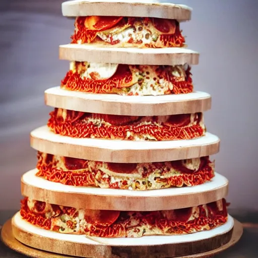 Image similar to multilayer pizza wedding cake, 4 k food photography