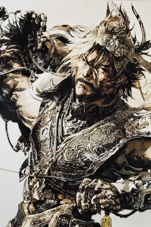 Prompt: genghis khan, collaborative painting by yoji shinkawa, yoshikata amano, intricate, highly detailed and high quality, strong,