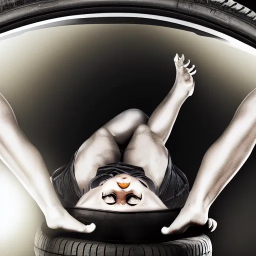 Prompt: car, bodybuilder, woman, holding, road, photo, digital art, hands, underbody, tire