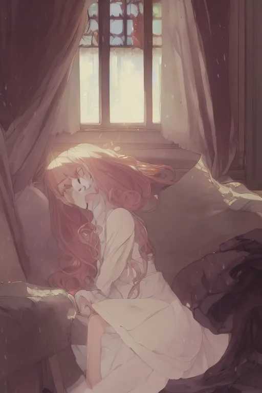 Image similar to a girl in a maid's outfit in the bedroom a night, raining outside the window, wavy white long hair, by krenz cushart and mucha and akihito yoshida and greg rutkowski and makoto shinkai and rella, detailed eyes, 4 k resolution