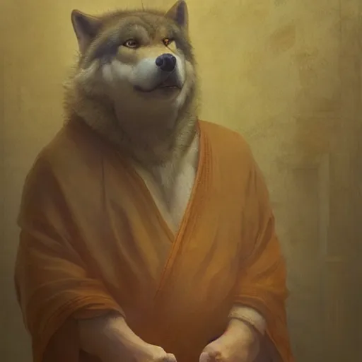 Prompt: fat wolf wearing a monk robes holding incense burner. natural lighting by ruan jia, portrait