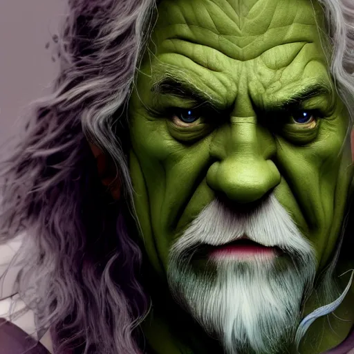 Image similar to film still of gandalf starring as the hulk, high detail shot, smoking, render, cgsociety, photorealism