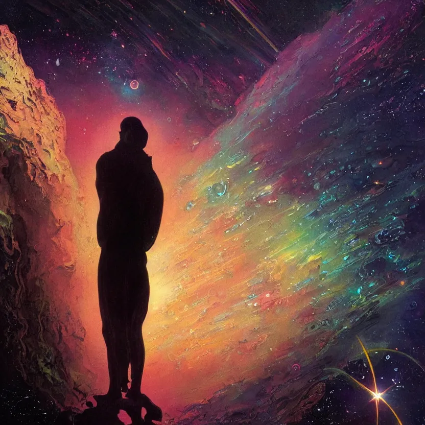 Prompt: a close - up view portrait of a silhouetted cosmic being gazing into the universe, iridescent metallic technology. sci - fi ornate baroque neoclassicist designs. detailed textures. glowing colorful fog, dark black background. highly detailed fantasy science fiction painting by moebius, norman rockwell, frank frazetta, and syd mead. rich colors, high contrast. artstation