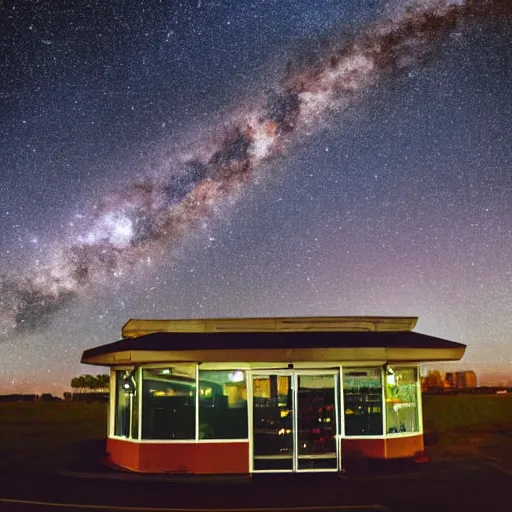 Image similar to late night diner, viewed from the outside, background milky way in the sky