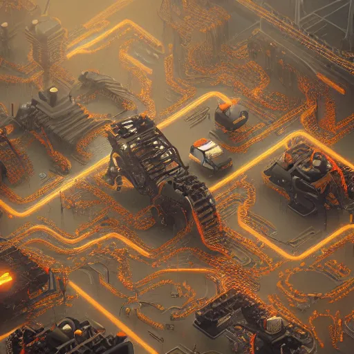 Image similar to factorio inserters, intricate artwork by tooth wu and wlop and beeple. octane render, trending on artstation, greg rutkowski very coherent symmetrical artwork. cinematic, hyper realism, high detail, octane render, 8 k, orange and black tones