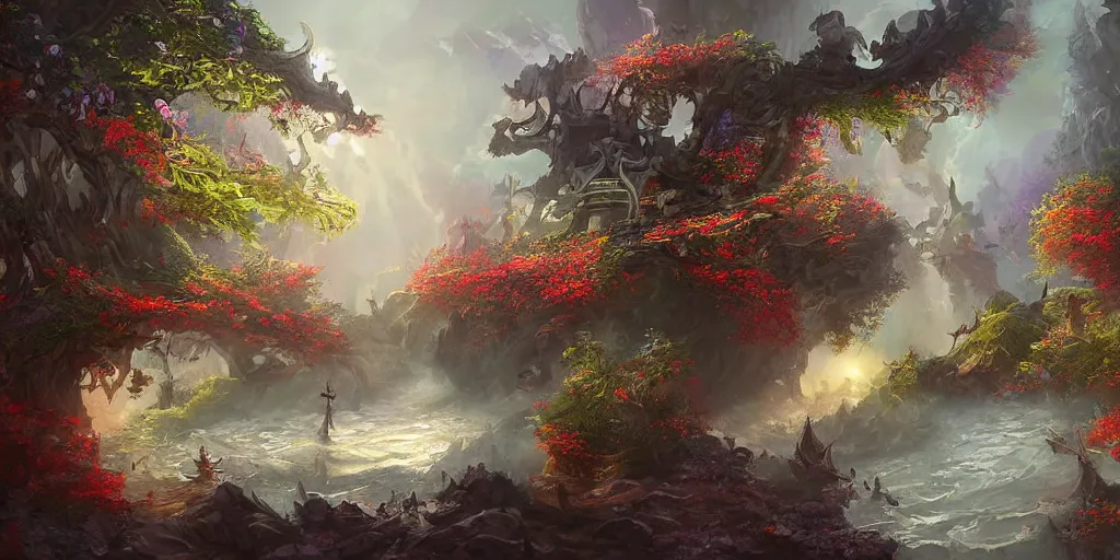 Prompt: a beautiful fantasy scene by yuumei art