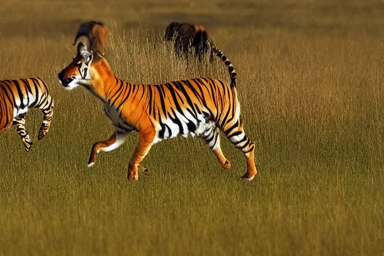 Image similar to two animals in a photo, an antelope and a tiger, the antelope is chasing the tiger, golden hour, 6 0 0 mm, wildlife photo, national geographics