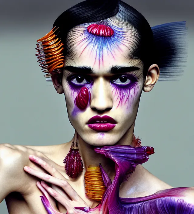 Prompt: photography facial portrait in a gaz station at night of seductive actress sofia boutella dressed by an organic looking dress from designer * iris van herpen *, with stylish colorfull makeup. intriguing soft back lighting, geisha tattoo, highly detailed, skin grain detail, photography by paolo roversi, nick knight, helmut newton, avedon, araki