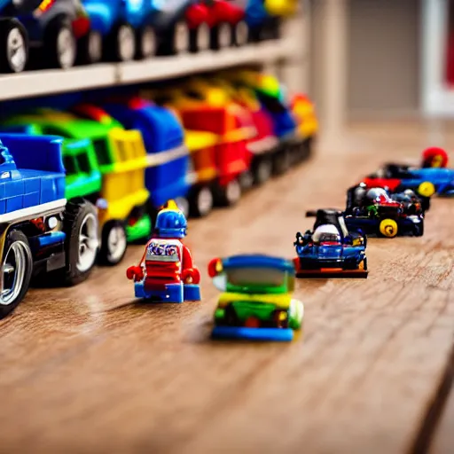 Prompt: tilt-shift photography of a group of Hotwheels cars racing on a hardwood floor, Lego minifigures are cheering them on in the background