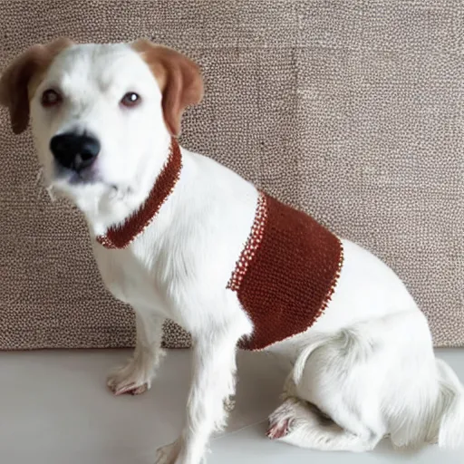 Image similar to photo realistic white and brown danish-Swedish farm dog wearing a knitted sweater, epic,