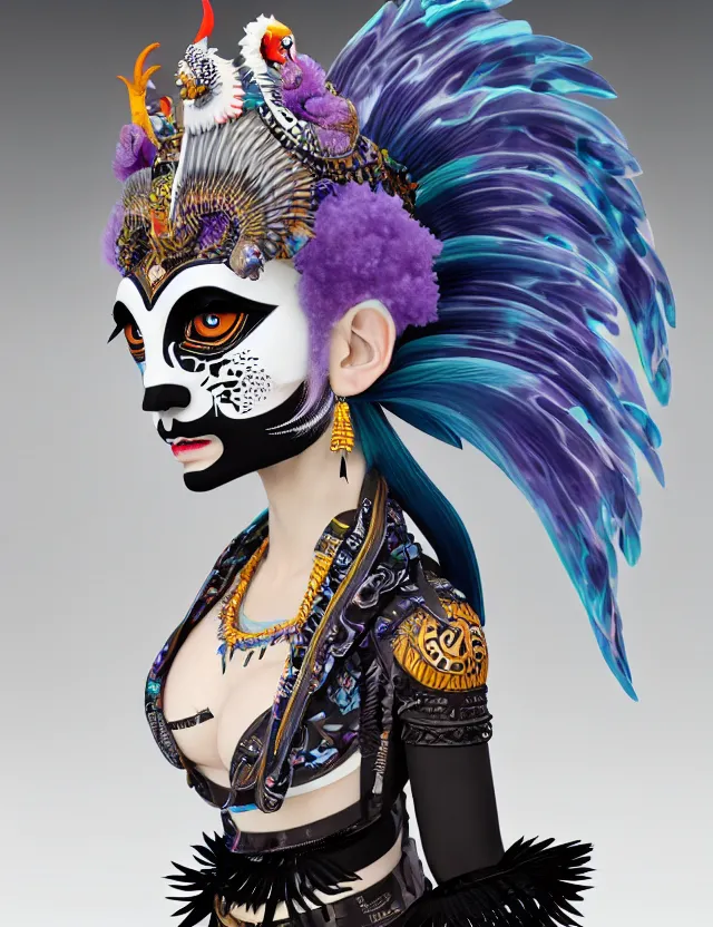 Image similar to 3 d goddess close - up profile simple portrait punk with mohawk with ram skull. beautiful intricately detailed japanese crow kitsune mask and clasical japanese kimono. betta fish, jellyfish phoenix, bio luminescent, plasma, ice, water, wind, creature, artwork by tooth wu and wlop and beeple and greg rutkowski