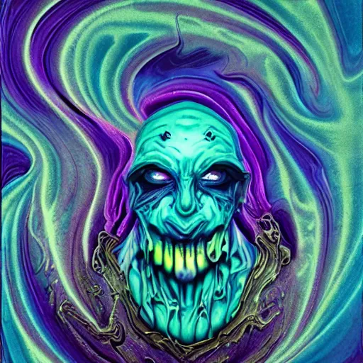 Image similar to sinister sentinel arcane iconic figure in expressive purple and turquoise color palette robe, rippled layers of magic swirls, glyphs, ultra fine detail, swirling clouds of fog, raytracing, highly detailed and intricate, golden ratio, dark gradient ink with intricate designs, hypermaximalist, elite, horror, creepy, ominous, haunting, majestic, ephemeral, cinematic, art style by cgsociety, Darius Zawadzki and Jama Jurabaev and Artsation trending