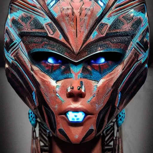 Image similar to a female transformer with tribal paint, glowing eyes, very symmetrical face, highly detailed, by vitaly bulgarov, by steven zavala, by matt tkocz, by shane baxley, mecha, robotic, transformers cinematic universe, pinterest, deviantart artstation _ h 7 5 0