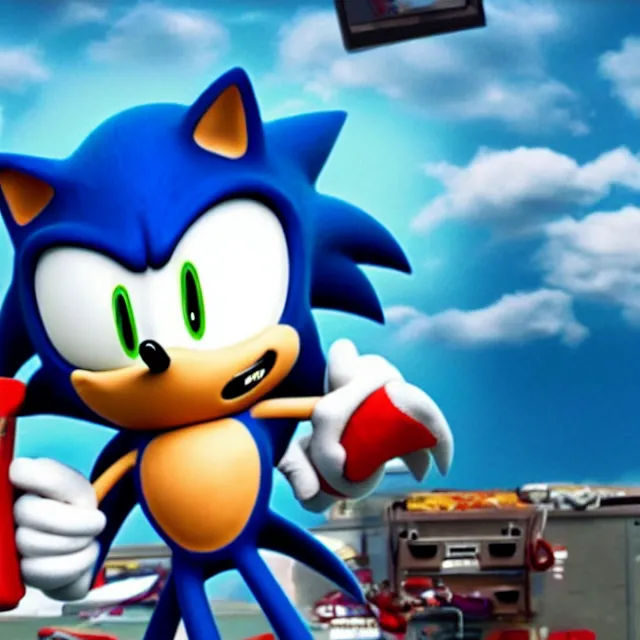 Prompt: still of sonic playing videogames in sonic the hegdehog movie