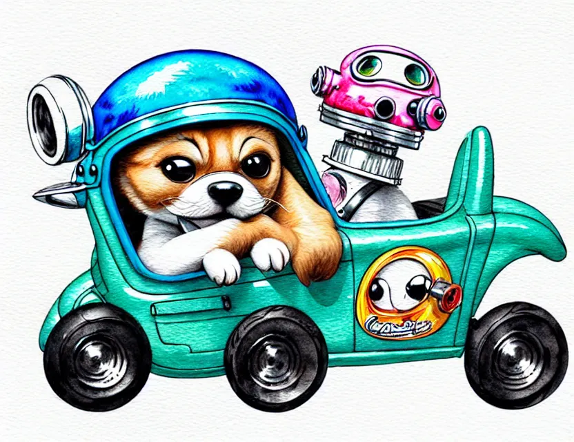 Image similar to cute and funny, puppy wearing a helmet riding in a tiny hot rod with an oversized engine, ratfink style by ed roth, centered award winning watercolor pen illustration, isometric illustration by chihiro iwasaki, edited by range murata, tiny details by artgerm and watercolor girl, symmetrically isometrically centered, sharply focused