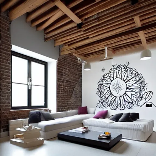 Prompt: mural on the wall of a modern loft, beautiful architecture, popular interior design style
