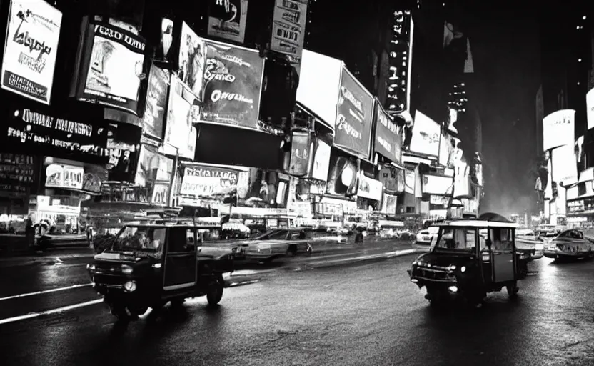 Image similar to a tuk tuk in times square at night, blade runner 1 9 8 2 city, futuristic dystopian city, falling rain, neon, industrial fires and smog