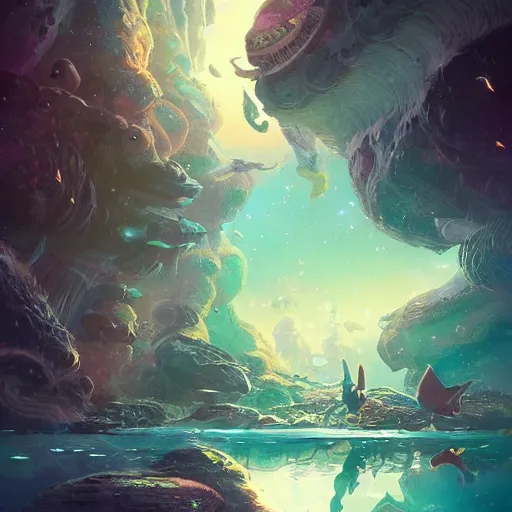 Image similar to Astronauts and some mythical animals are swimming under a sea, this is an extravagant planet with wacky wildlife, the background is full of ancient ruins, by Jordan Grimmer digital art, trending on Artstation,