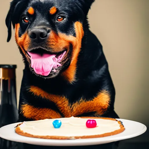 Prompt: a high - quality photo of a cute rottweiler with a half - eaten birthday cake and champagne, 4 5 mm, f 3. 5, sharpened, iso 2 0 0, raw, food photography