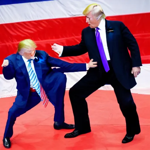 Image similar to donald trump suplex vladimir putin, wrestling ring, vivid, colorful