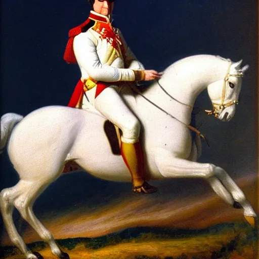 Image similar to an impressionist oil painting of napoleon bonaparte on a white horse, very detailed, sharp, 8 k