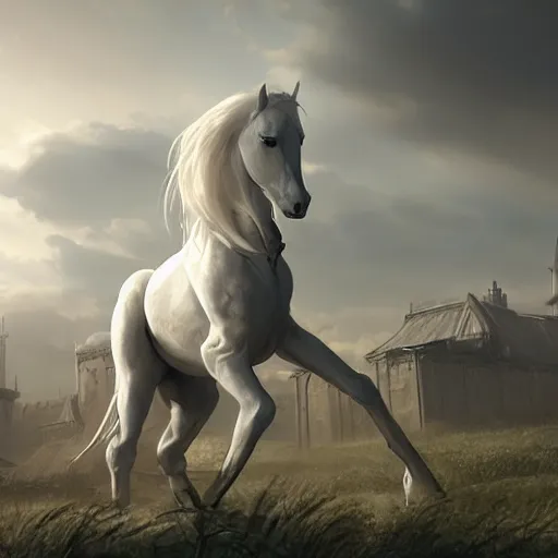 Image similar to a white horse as a robot vampire in the style of makoto shinkai zhaoming wu, john collier, albert aublet, cedric peyravernay. sharp focus, semi - realism, intricate detail. unreal engine, octane rendering
