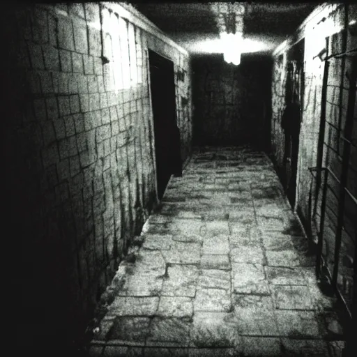 Image similar to insane nightmare, no light, everything is blurred, creepy shadows, haunted house, prison in the basement, very poor quality of photography, 2 mpx quality, grainy picture