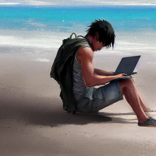 Image similar to concept art of man working on laptop at beach, perfect face, fine details, by greg rutkowski, makoto shinkai