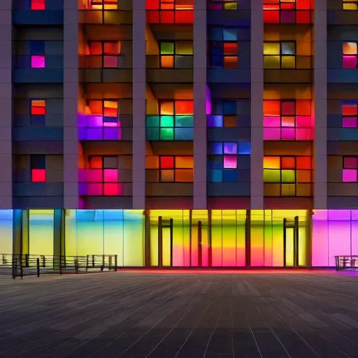 Prompt: Beautiful Photograph of a Colourful Modernist Brutalist Building, bisexual-lighting