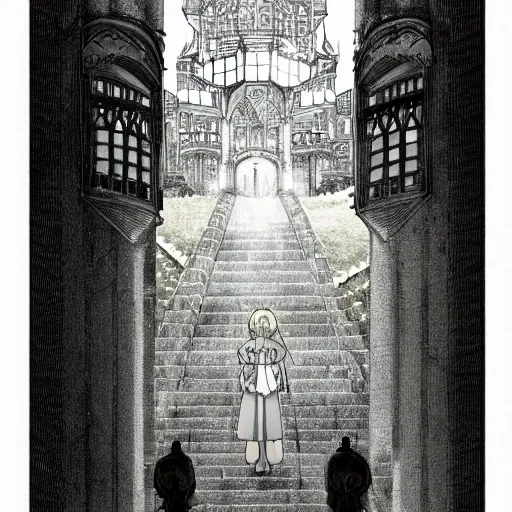 Image similar to white haired knight in a big castle, cinematic, octane, art by inio asano