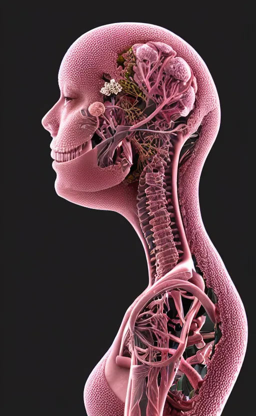 Image similar to 3D render of a beautiful profile face portrait of a female cyborg, 150 mm, flowers, Mandelbrot fractal, anatomical, flesh, facial muscles, veins, arteries, full frame, microscopic, elegant, highly detailed, flesh ornate, elegant, high fashion, rim light, ray trace, octane render in the style of H.R. Giger