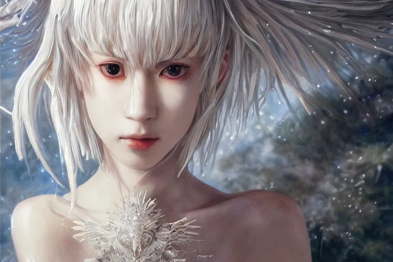 Prompt: portrait of Ayanami Rei, glowing white skin, fantasy, intricate, elegant, dramatic lighting, emotionally evoking symbolic metaphor, highly detailed, lifelike, photorealistic, digital painting, artstation, concept art, smooth, sharp focus, illustration, art by John Collier and Albert Aublet and Krenz Cushart and Artem Demura and Alphonse Mucha