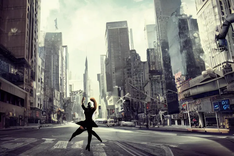 Image similar to vfx marvel sci-fi woman super hero robot photo real full body action pose, flying over city street cinematic lighting by Emmanuel Lubezki
