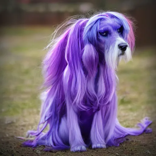 Prompt: purple dog with long blue hair