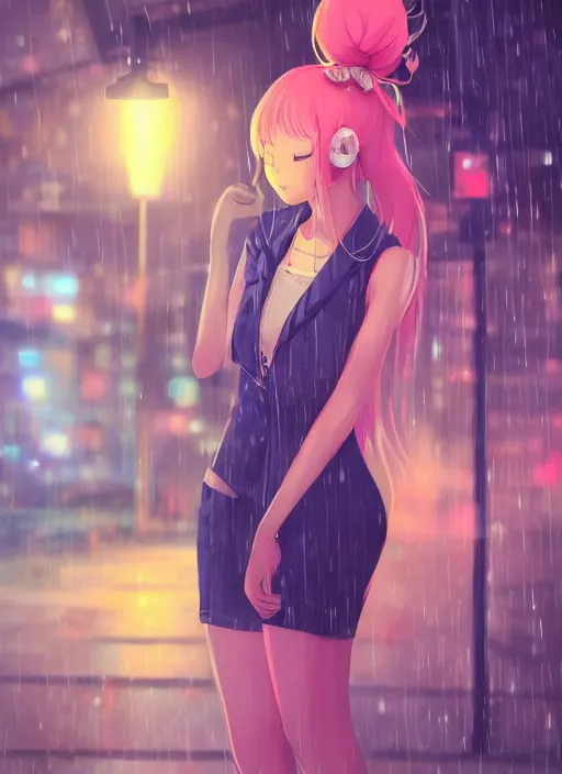 Image similar to listening to music at 2 am, night, pretty girl, pose, rain, lofi, lofi, peaceful, street light, anime key visual, poster, street wears, anime, by rossdraws, high quality, 4 k, trending, trending on artstation