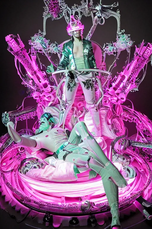 Image similar to full-body rococo and cyberpunk style mint neon statue of a young attractive Spanish male macho dotado android reclining sim roupa con piroca, glowing white laser eyes, prince crown of pink gears, diamonds, swirling silver-colored silk fabric. futuristic elements. full-length view. space robots. human skulls. intricate artwork by caravaggio. Trending on artstation, octane render, cinematic lighting from the right, hyper realism, octane render, 8k, depth of field, 3D