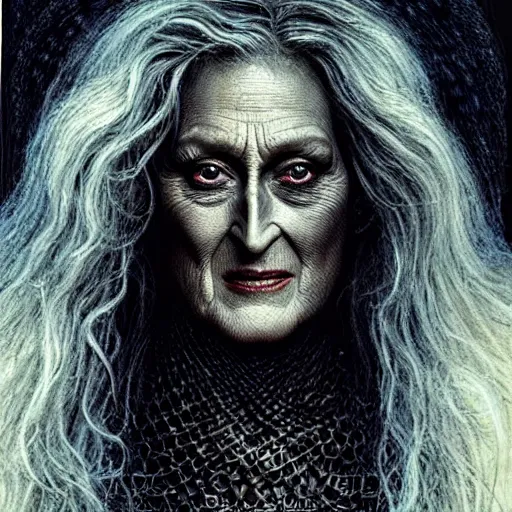 Image similar to head and shoulders portrait of an evil, black - skinned night hag portrayed by meryl streep, d & d, fantasy, luis royo, magali villeneuve, donato giancola, wlop, krenz cushart