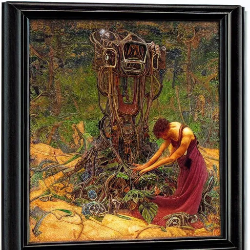 Image similar to robot seizes his forest crown, by Annie Swynnerton and Diego Rivera and Elihu Vedder, symbolist, dramatic lighting, elaborate geometric ornament, Art Brut, soft cool colors,smooth, sharp focus, extremely detailed, Adolf Wölfli and Donato Giancola