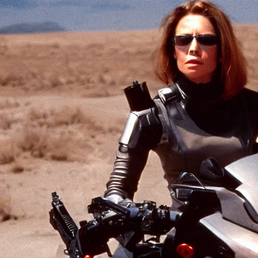 Image similar to A film still of a female Terminator holding a gun and riding a motorcycle